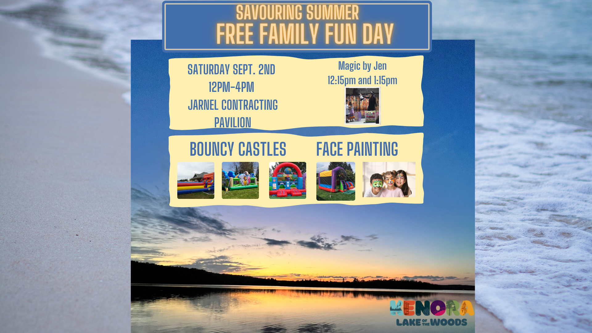 A lake background with highlighted text describing bouncy castles, face painting and a magic show. 