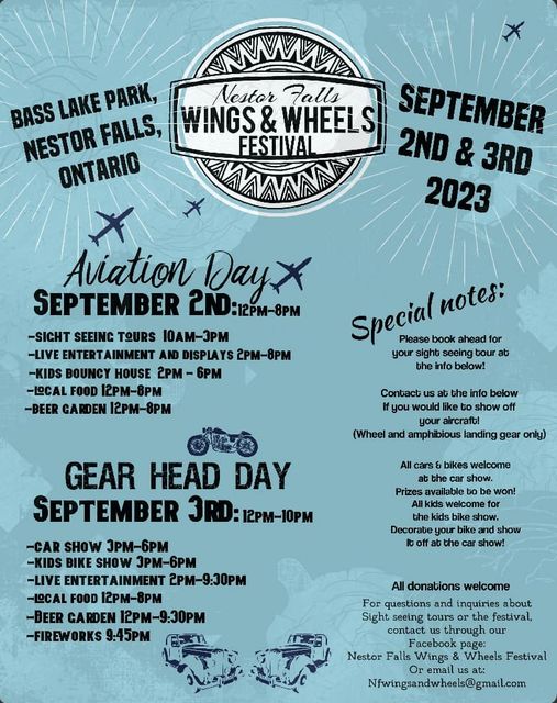 Nestor Falls Wings&Wheels Festival, Bass Lake Park September 2nd&3rd 2023.  